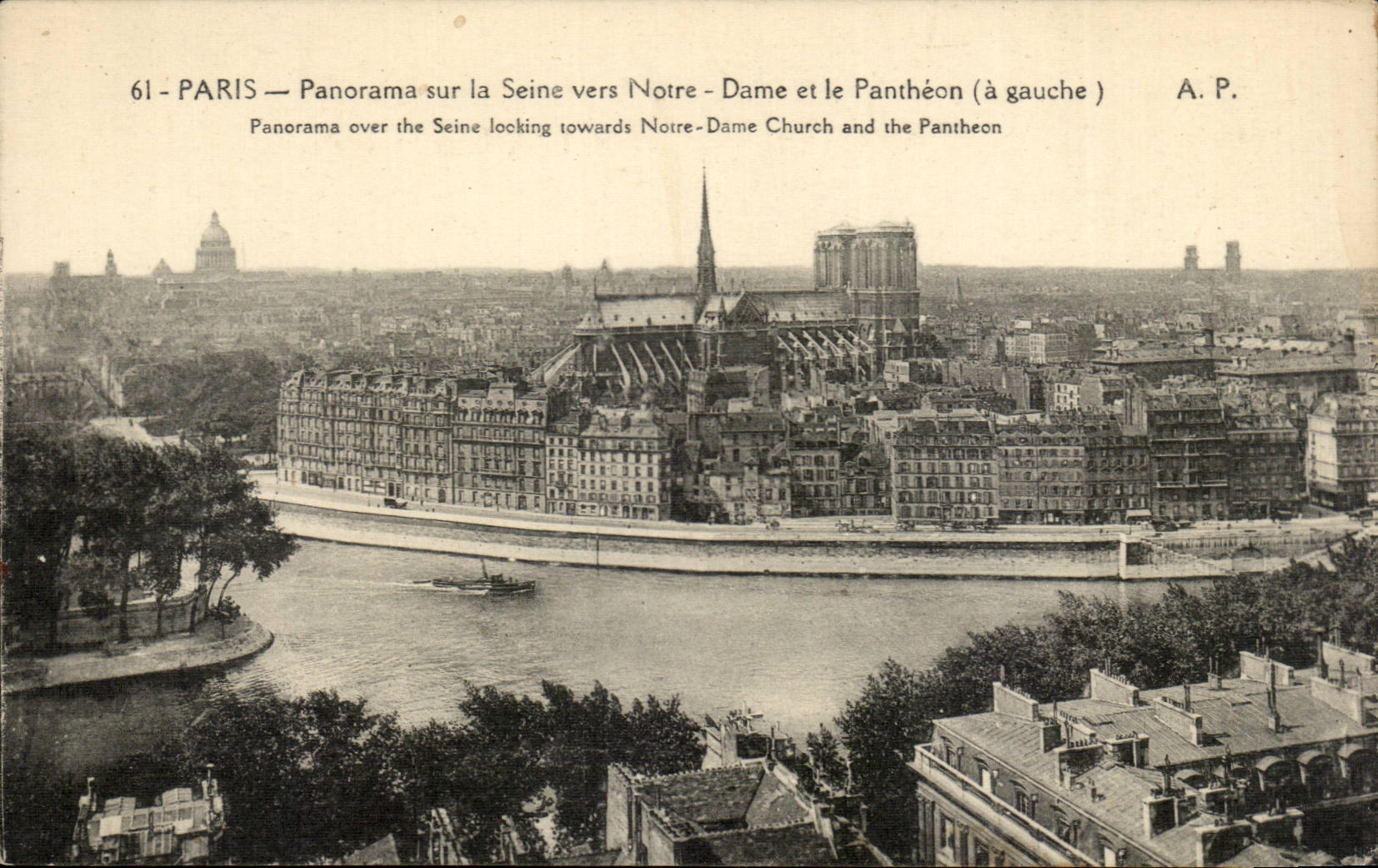 CPA Paris Panorama sur la Seine vers Notre Dame et la pantheon