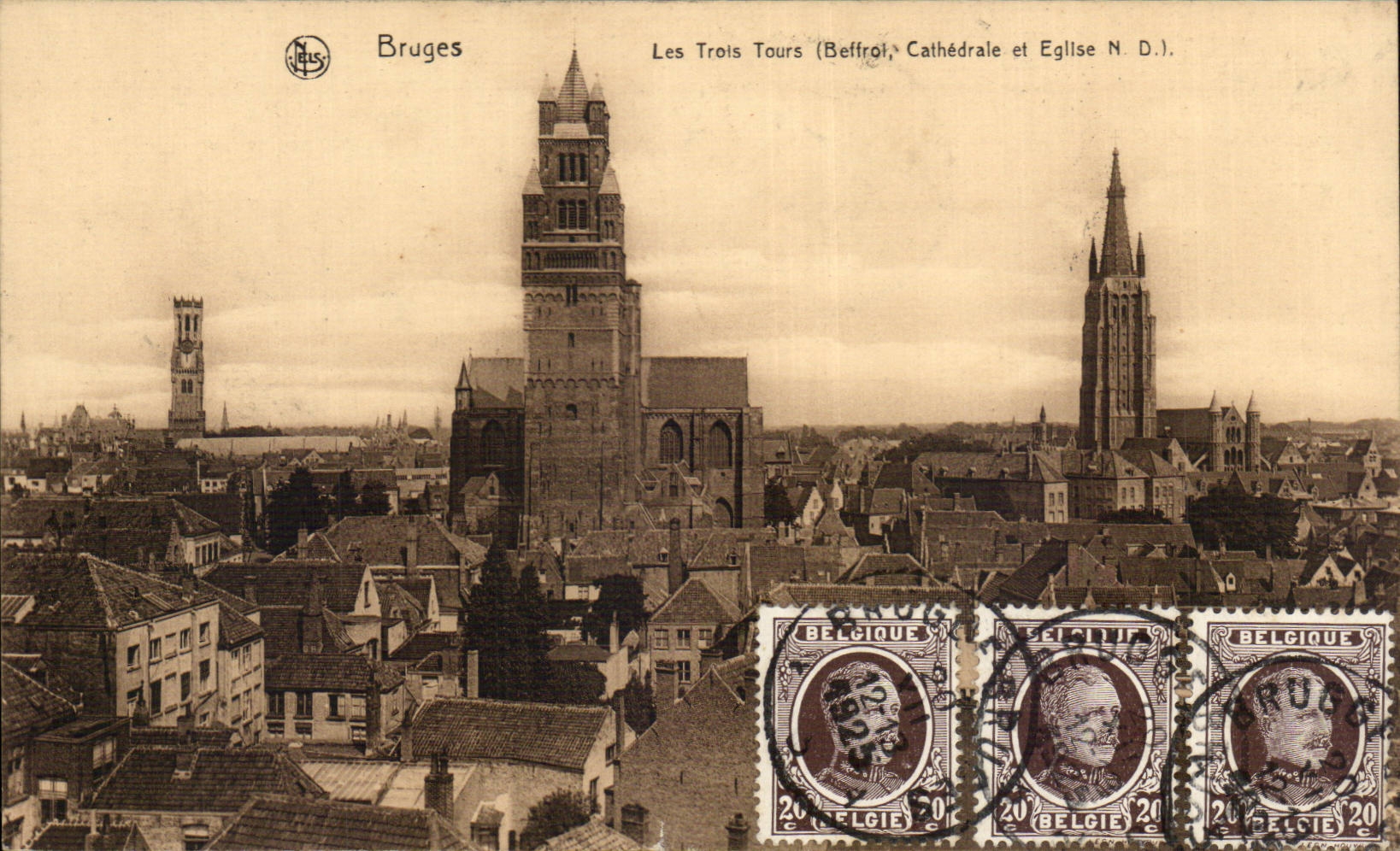 CPA Bruges the three Tours Belfry cathedral and church