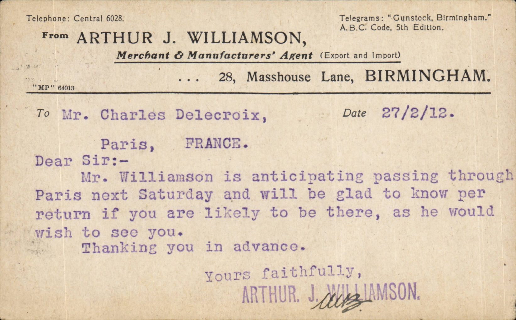 CPA Great Britain London London Arthur Williamson Masshouse Lane Birmingham Postcard commercaile