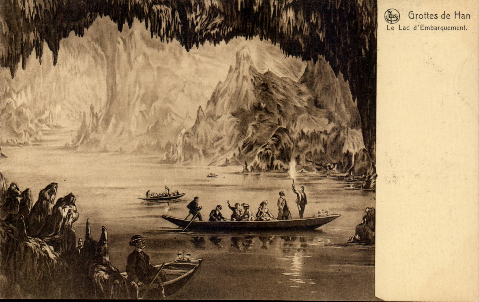 CPA Belgium Caves of Han the lake of loading