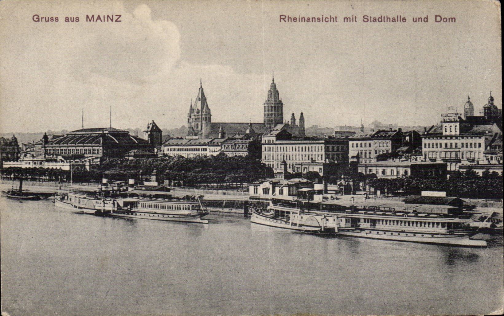 CPA Gruss aus Mainz Rheinansicht setzte Stadthalle und Dom