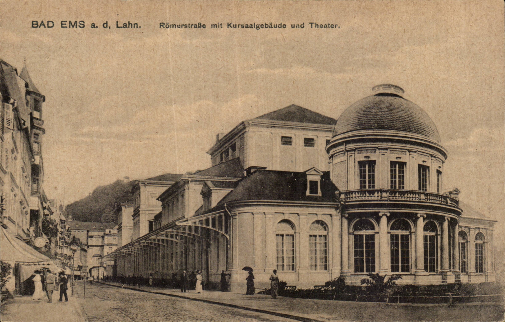 CPA Bad Ems a d Lahn Romestrasse mit Kursaalgebaude und theater