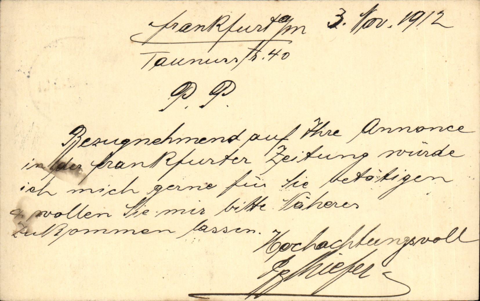 Document format carte postale Frankfurt 1912