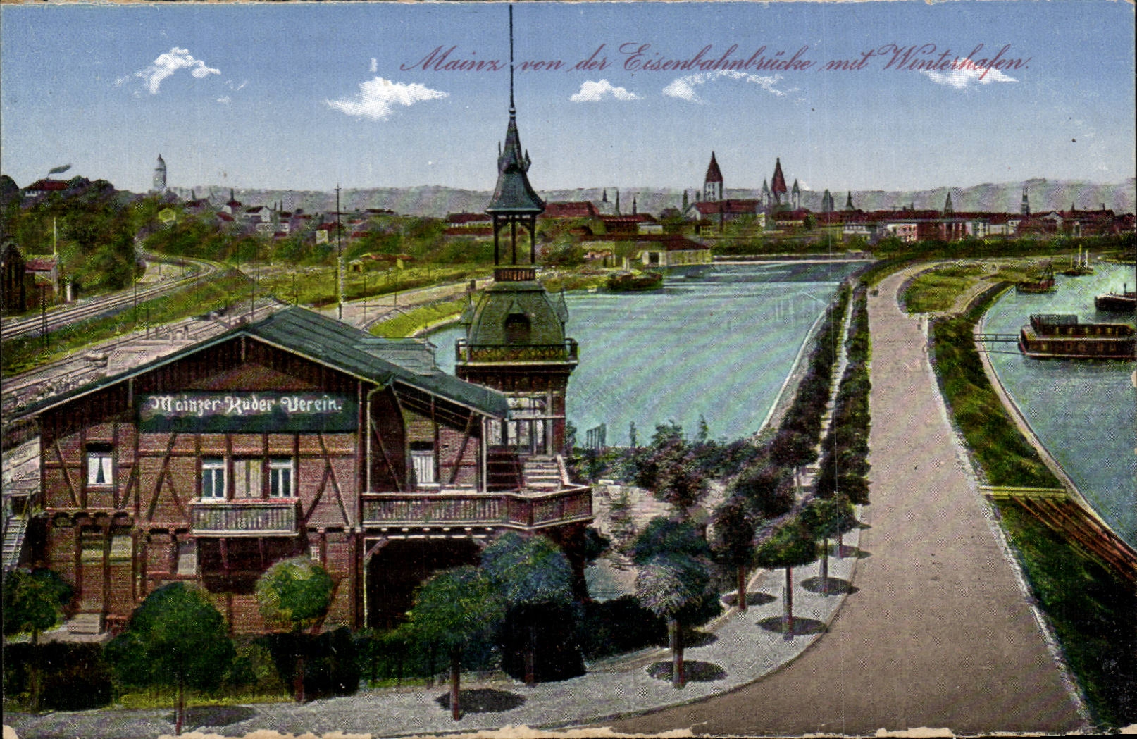 CPA Mainz von er Eisenbahnbrucke put Winterhafen