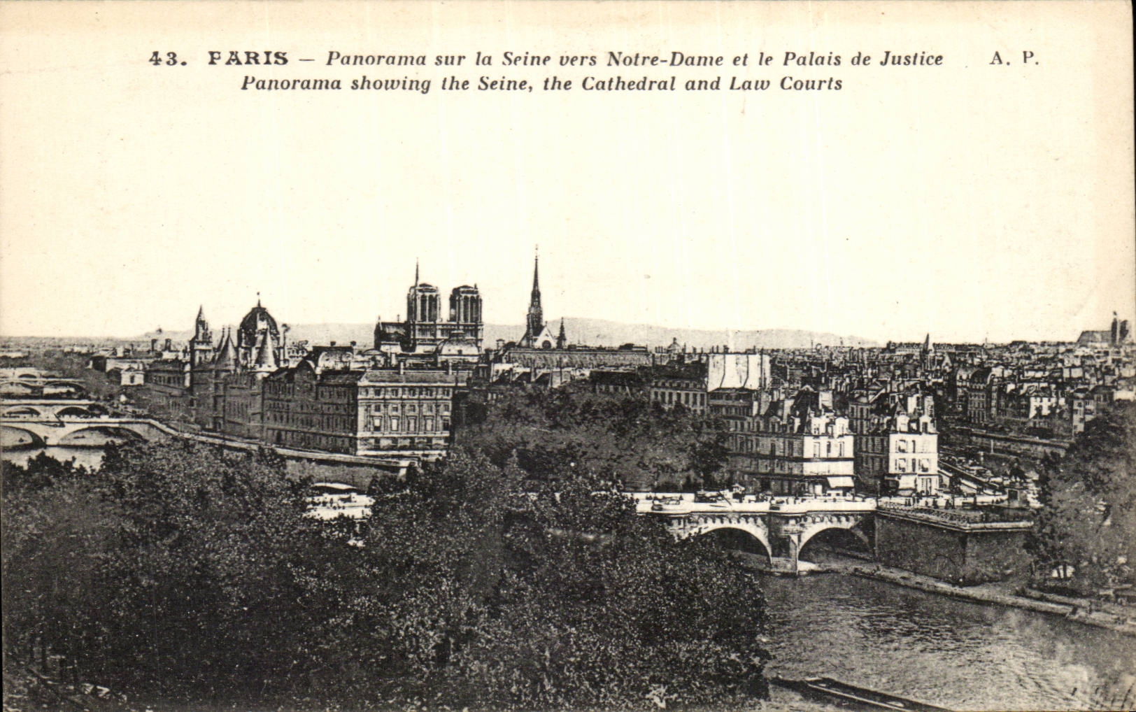 Paris - Panorama sur la Seine vers Notre Dame et le Palais de Justice - CPA