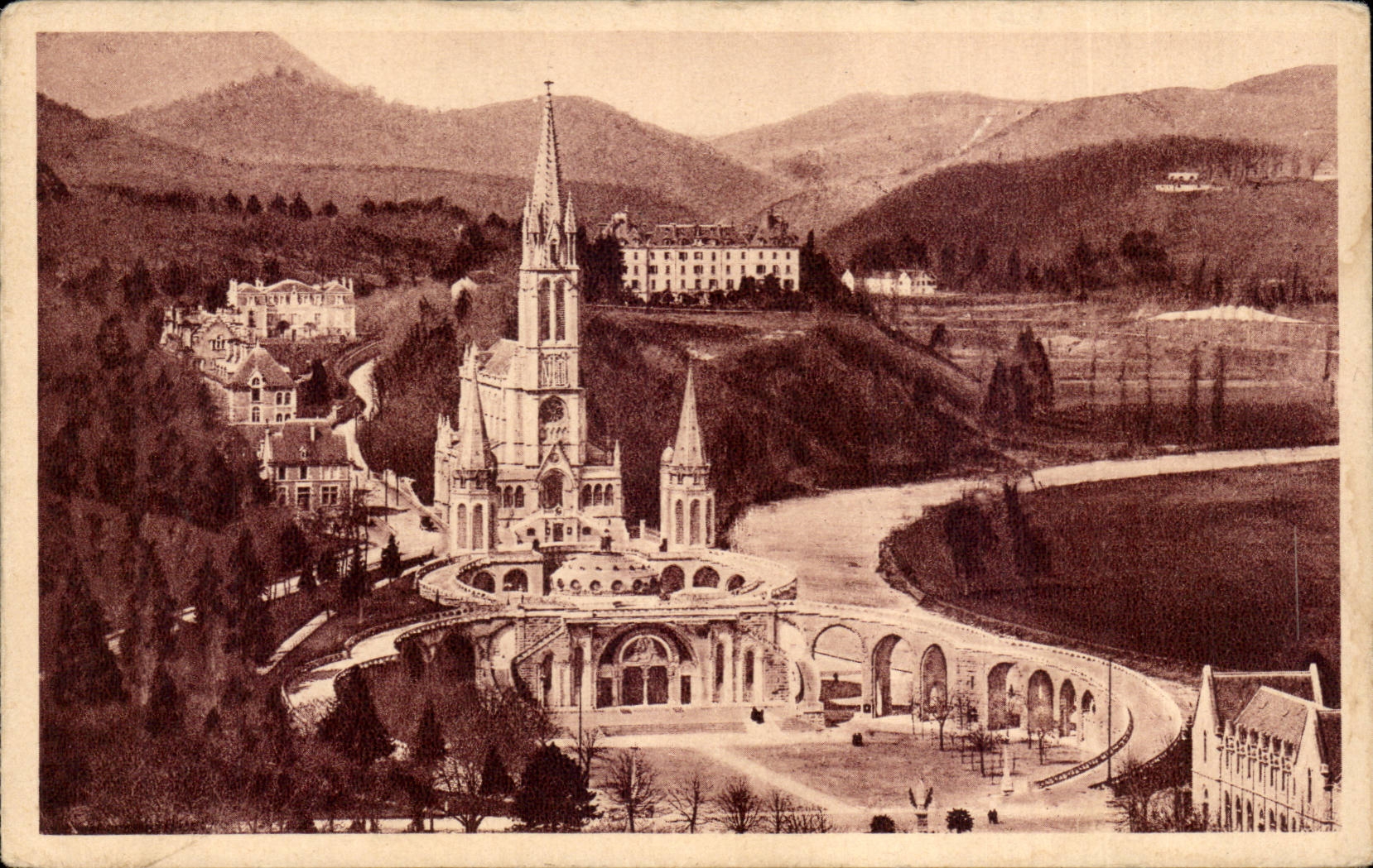 Lourdes - the Basilica seen of the Castle Fort - CPA