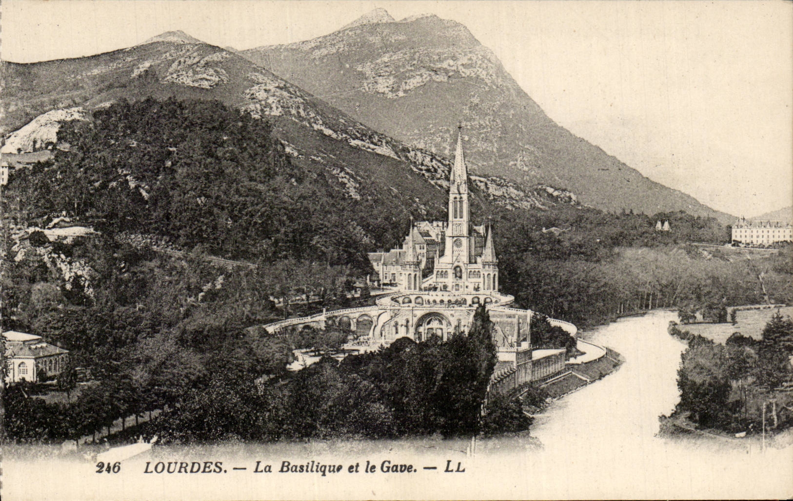 CPA Lourdes the basilica and Gave