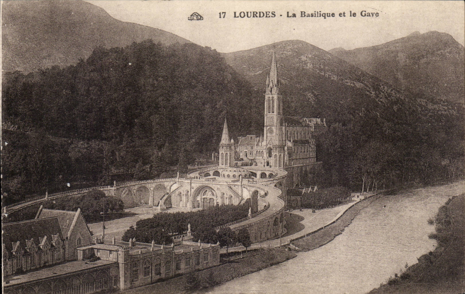 CPA Lourdes the basilica and Gave