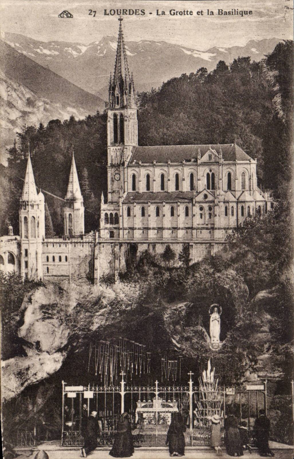 CPA Lourdes the basilica and the cave