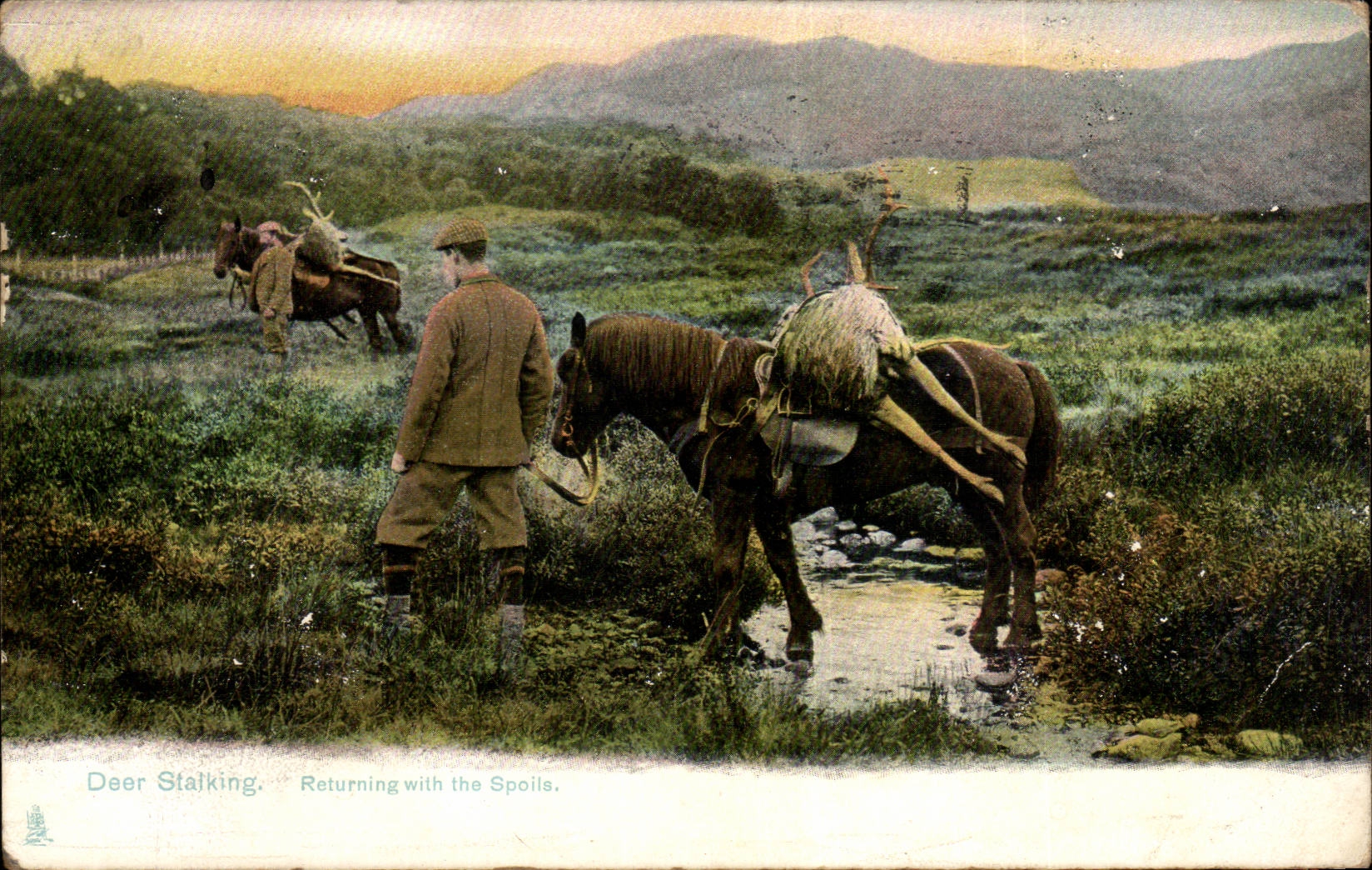 Das CPA Rotwild-anpirschende Zuruckbringen mit den Schmutzen verjagt mit dem Jagdhirsch
