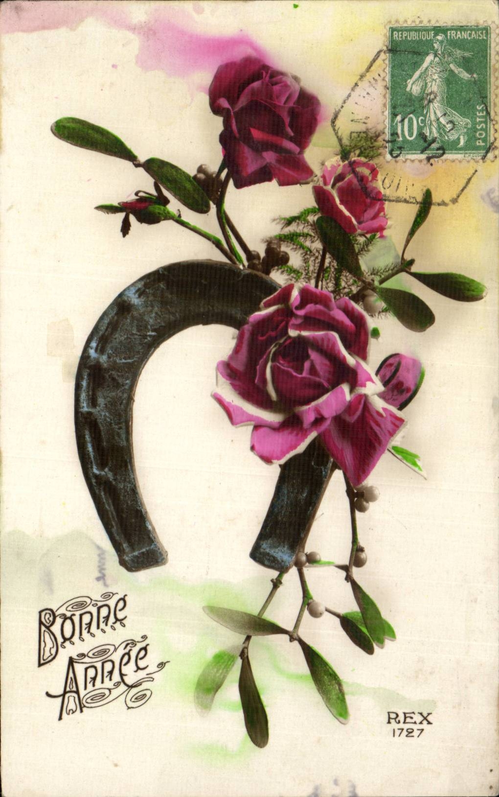 CPA Fantasy Flowers Happy New Year Horseshoe