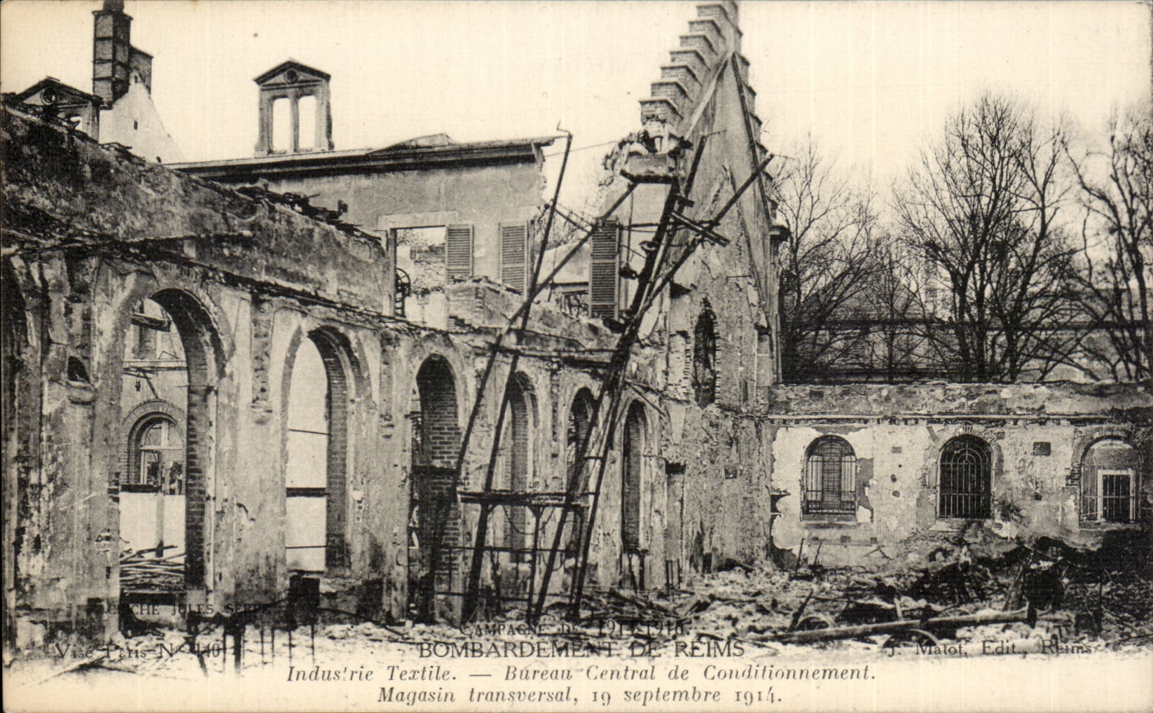 CPA Bombardment of Reims Textile industry central Office of conditioning transverse Store September 1914