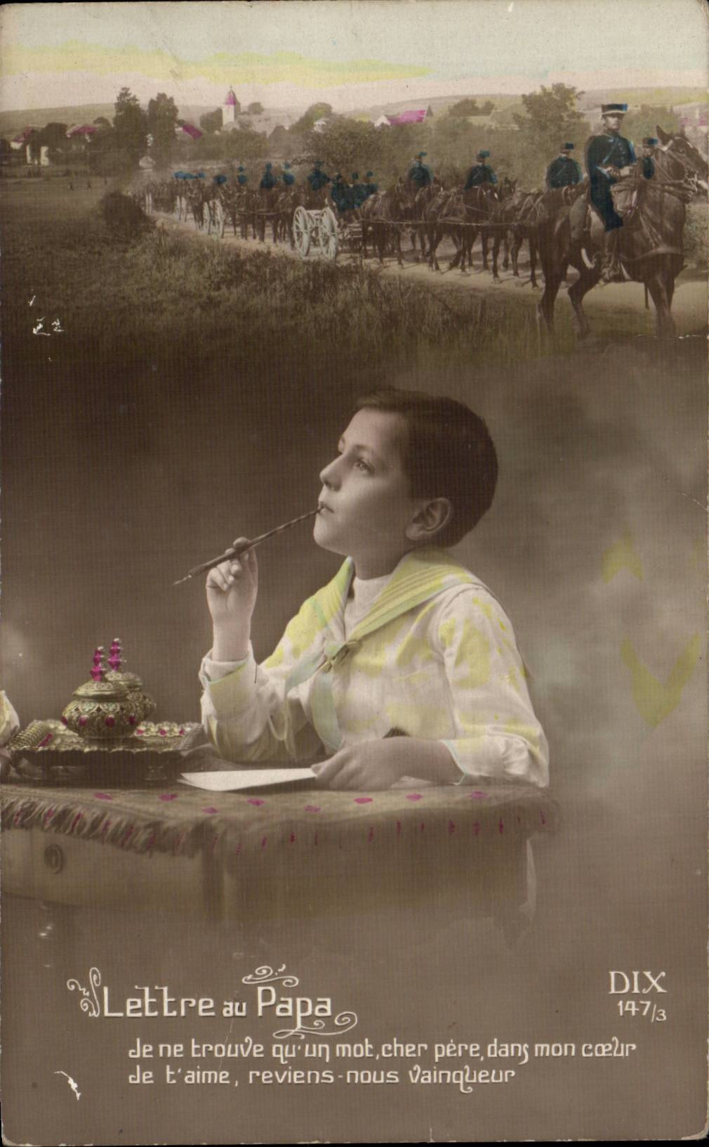 CPA Phantasie-Kind-Junge Militaria Buchstabe mit dem Vati