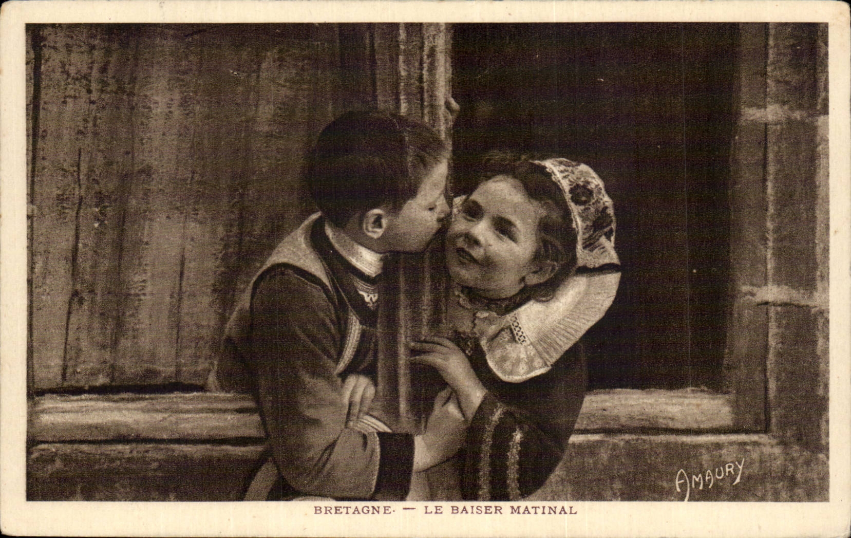 CPA Brittany Folklore the morning kiss Children