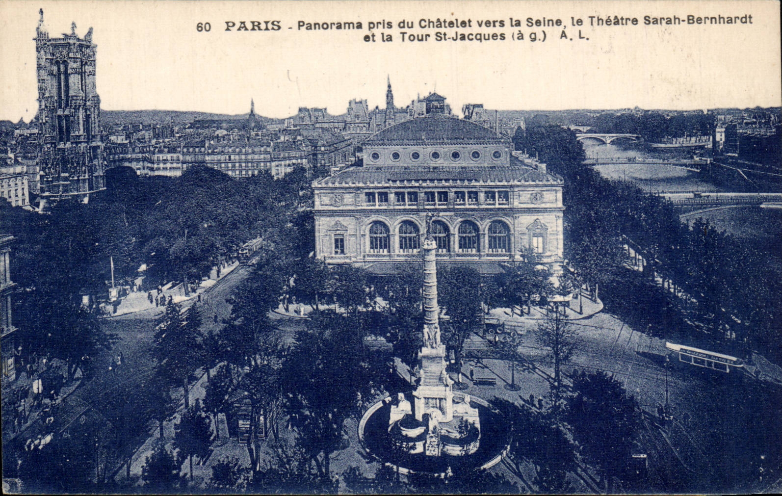 CPA Paris Panorama pris du Chatelet vers la Seine le theatre Sarah Bernhardt et la tour St Jacques