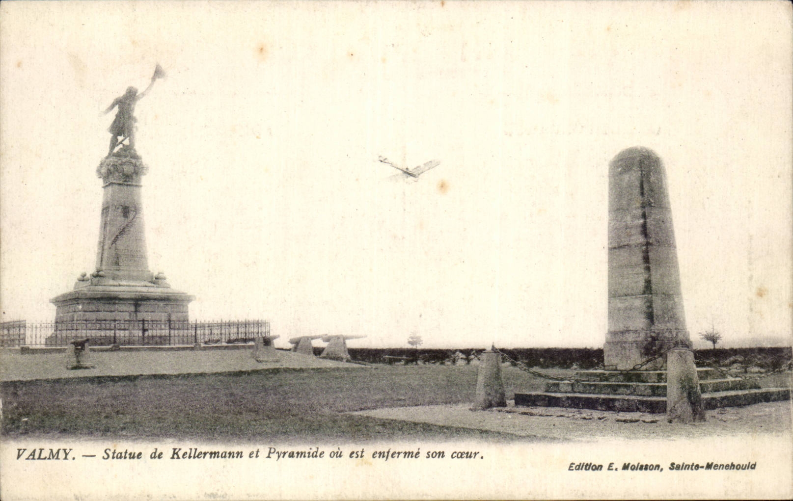 CPA Valmy Statue of Kellermann and pyramid or east locks up its heart Avion Airplane