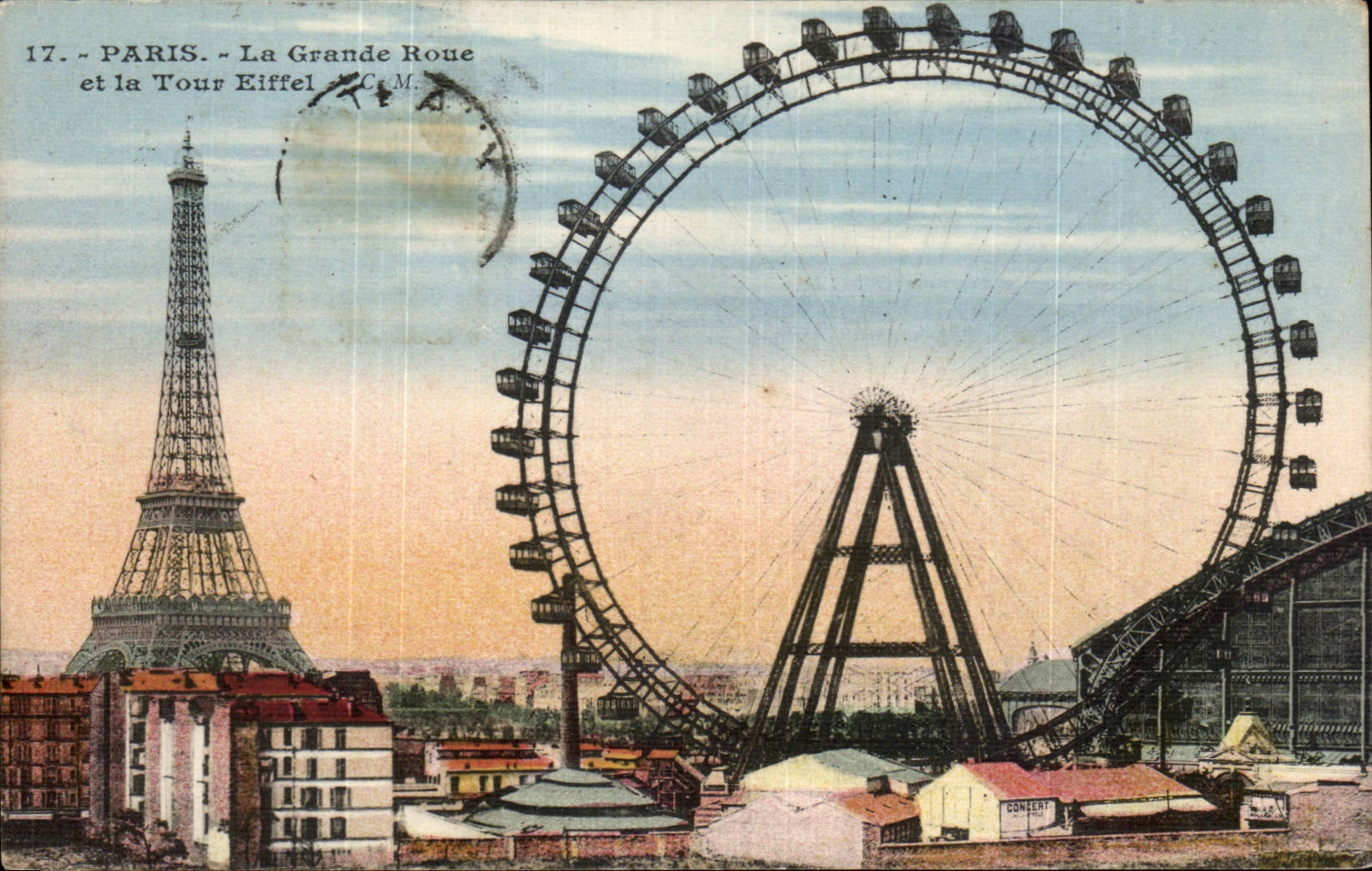 CPA Paris the large wheel and the Eiffel tower