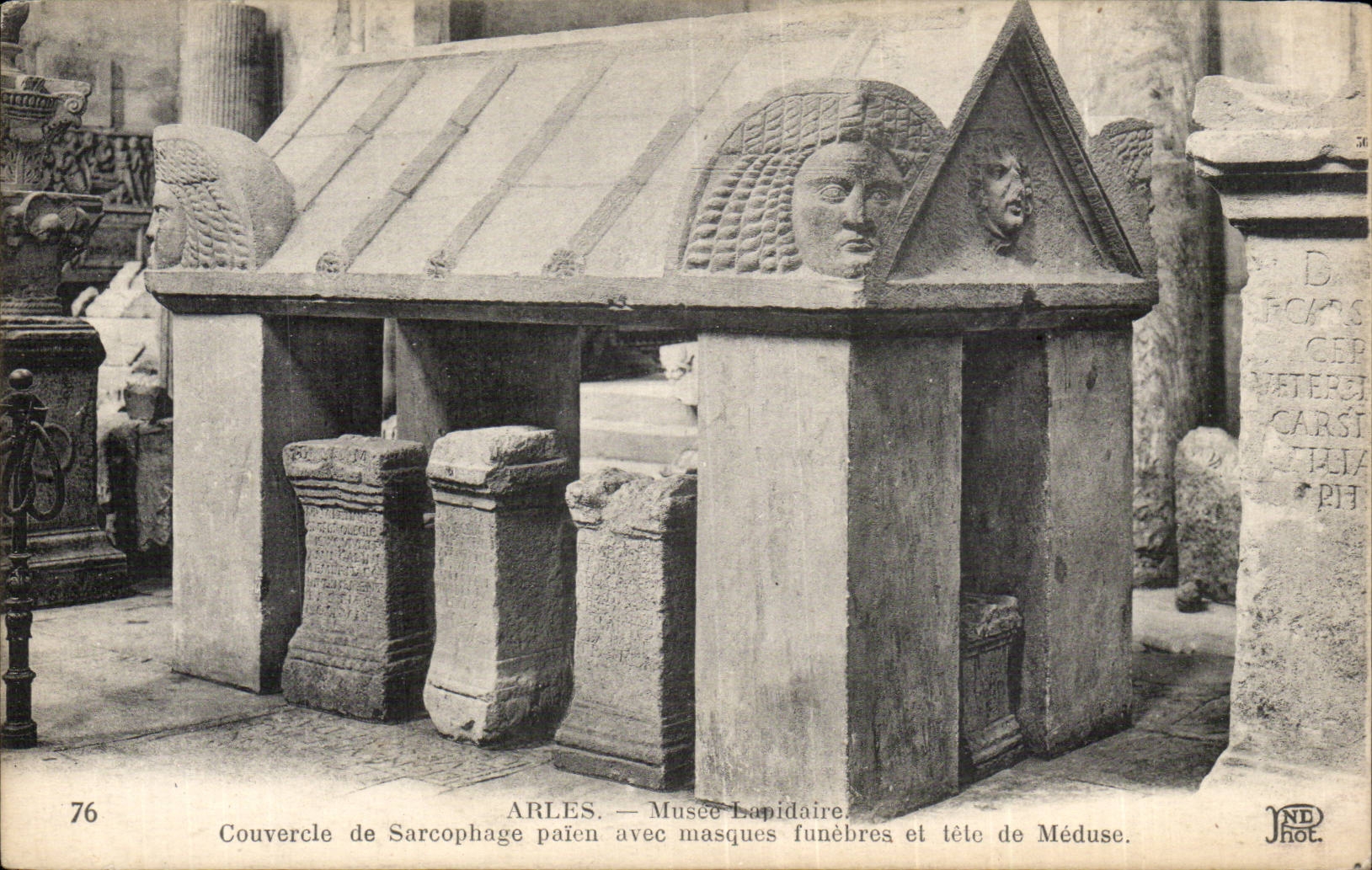 CPA concise Arles Museum Lid of pagan sarcophagus with amsques funeral and head of Jellyfish