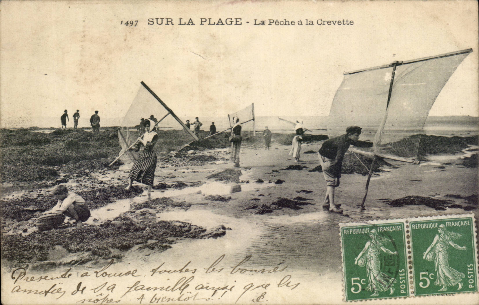 CPA On the beach Fishing with shrimp (folklore costume Fishes)