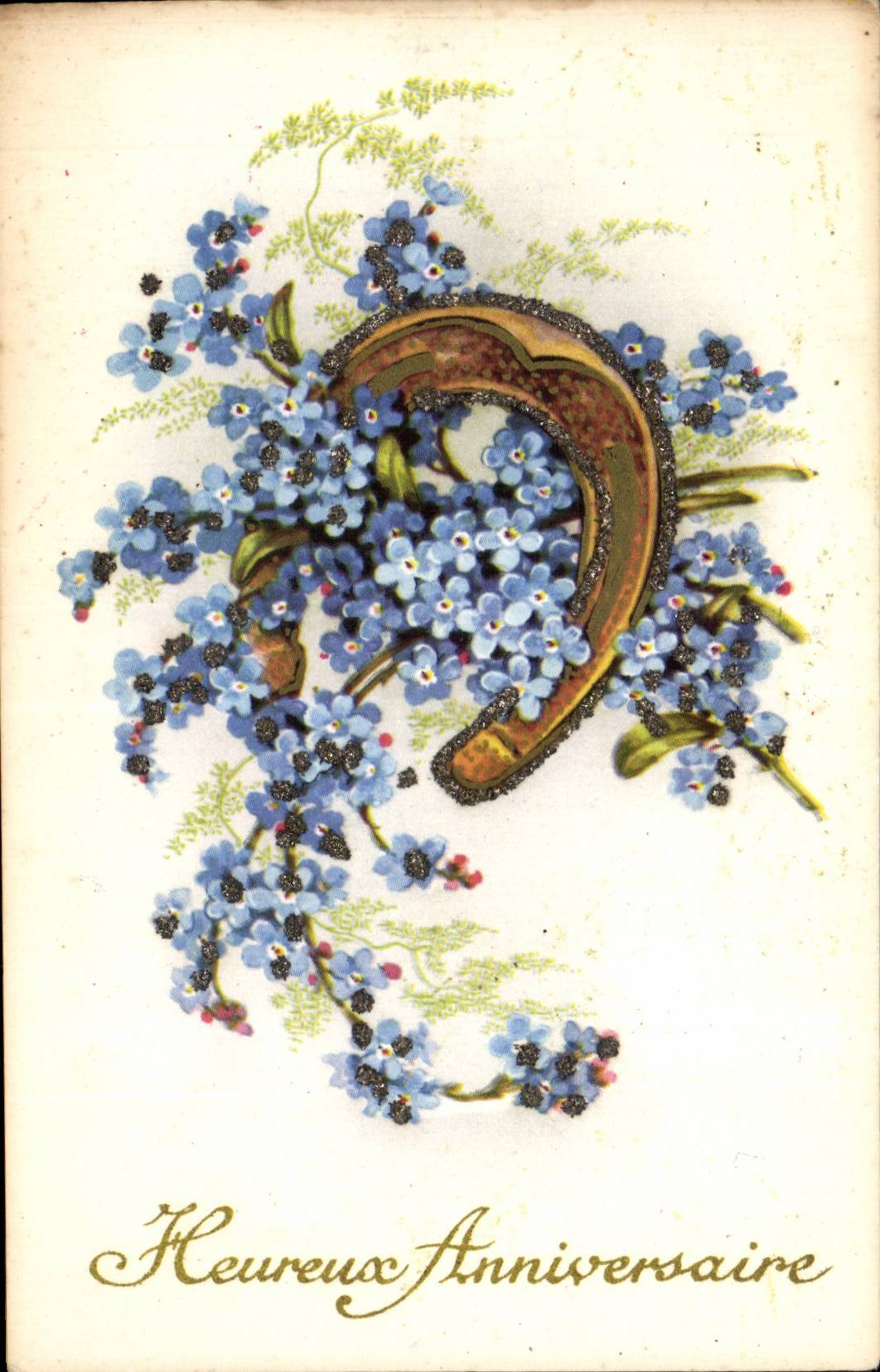 Flowers - Flowers - Small purple flowers enrobing has good luck horse shoe - horseshoe - Good Festival - CPA