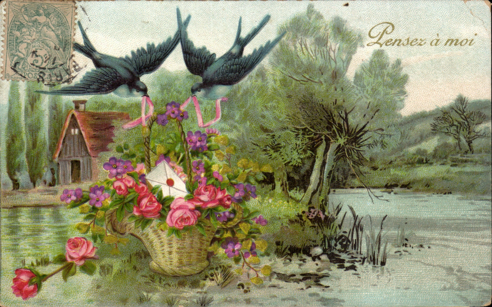 Blumen - Blumen - netter kleiner Tennisschuh weg von den Blumen - denken hat mich - Vogel - CPA Hirondelles