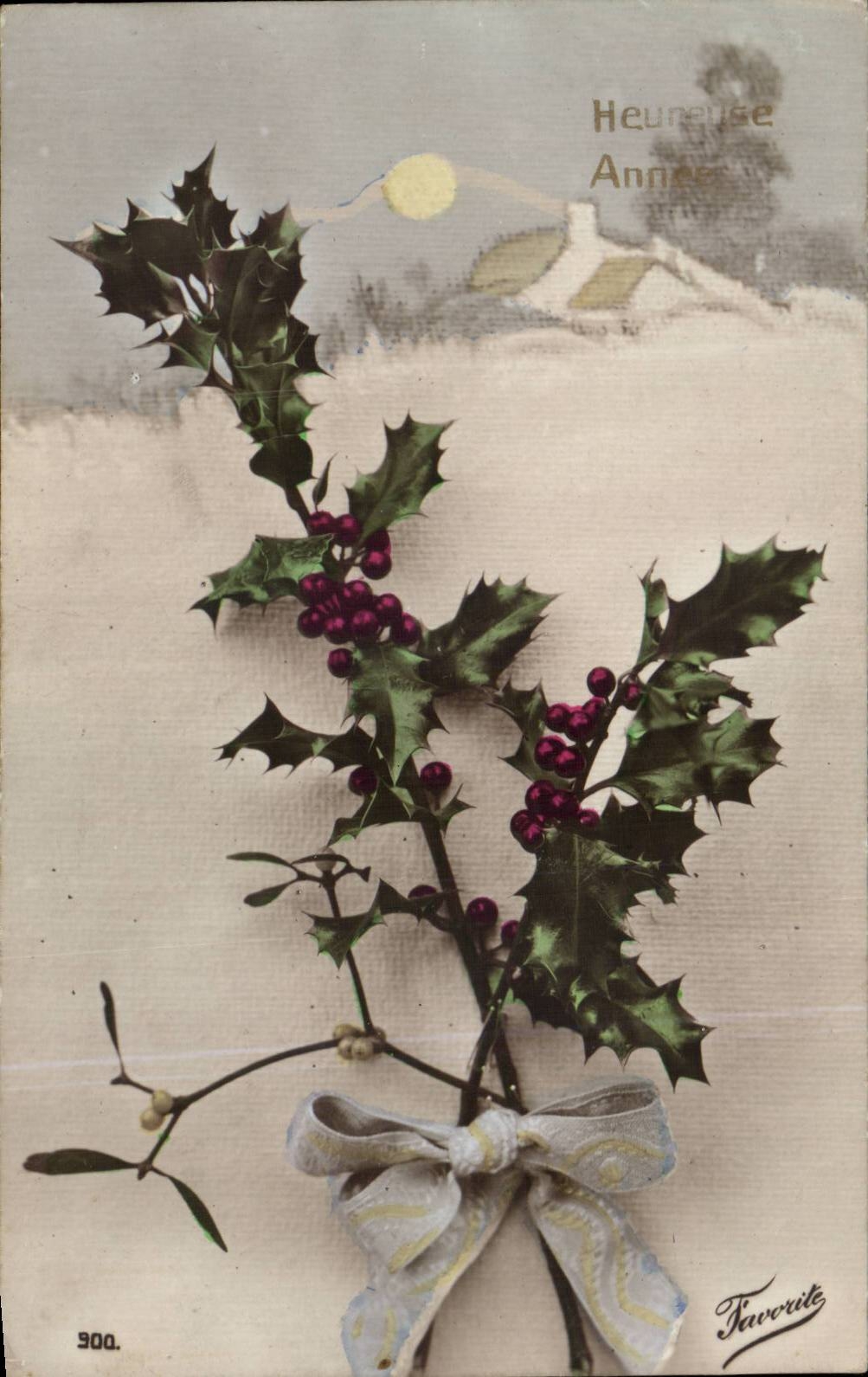 Fetes - Heureuse Annee - houx - holly - Happy New Year - CPA 