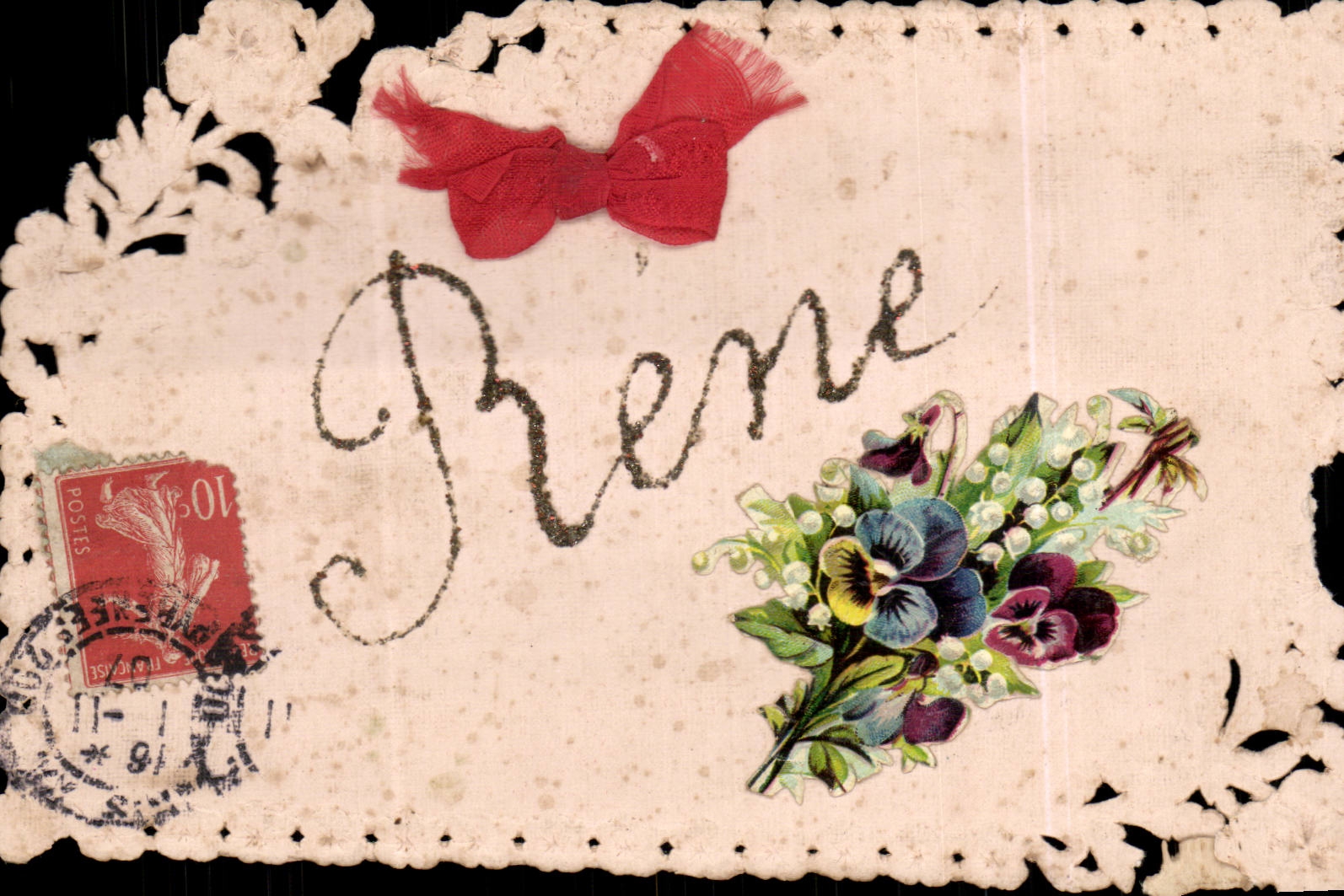 Blumen - Blumen - Rene - Karte mit roten Bogen Spitzeen - CPA