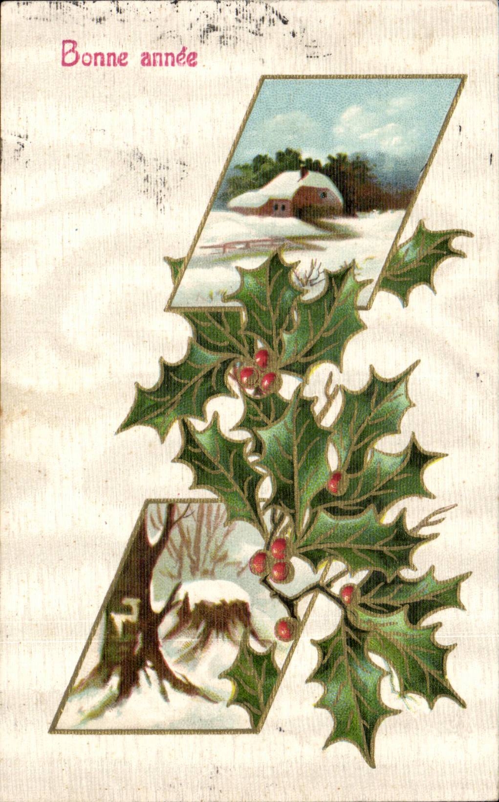 Fetes - Holiday - Bonne Annee - Happy New Year - houx - holly - neige - snow - CPA