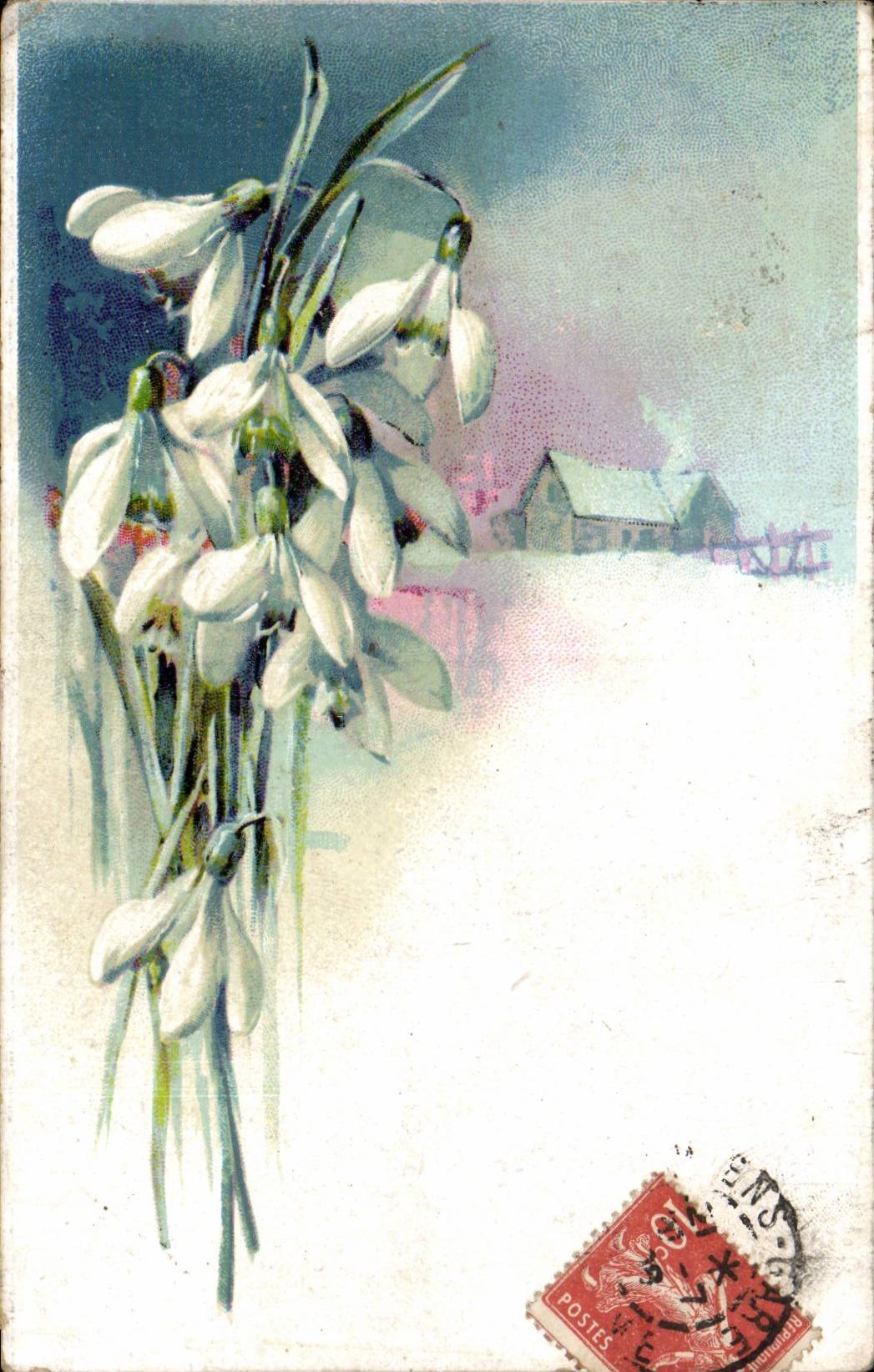 Bluht - Blumen - snowbells - Hauschen im Winter - CPA