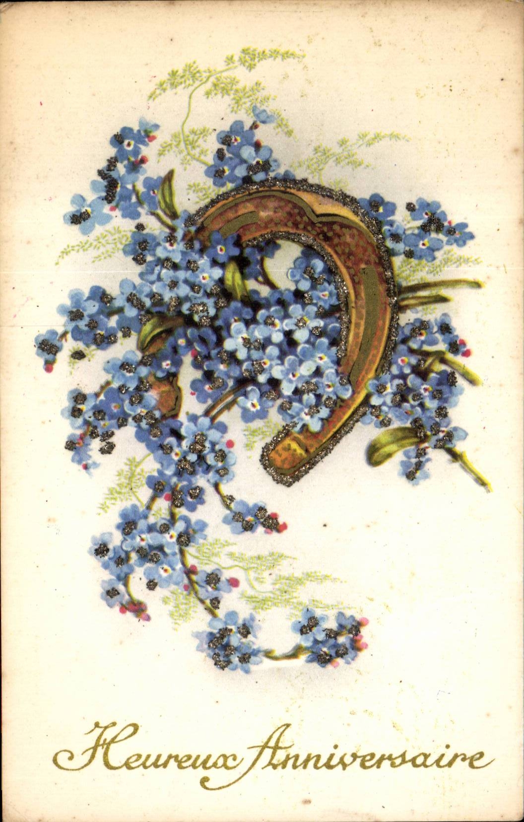 Flower - Little purple flowers enrobing has good luck horse shoe - horseshoe - CPA