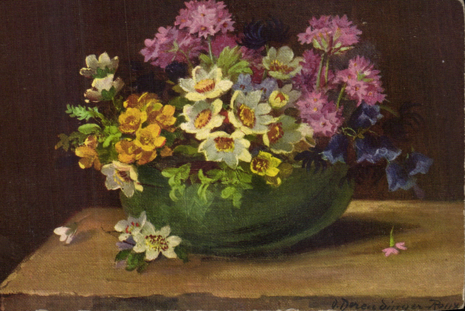 Blumen - Blumen - Tonwarenschussel gefullt mit Fruhlingsblumen - CPA