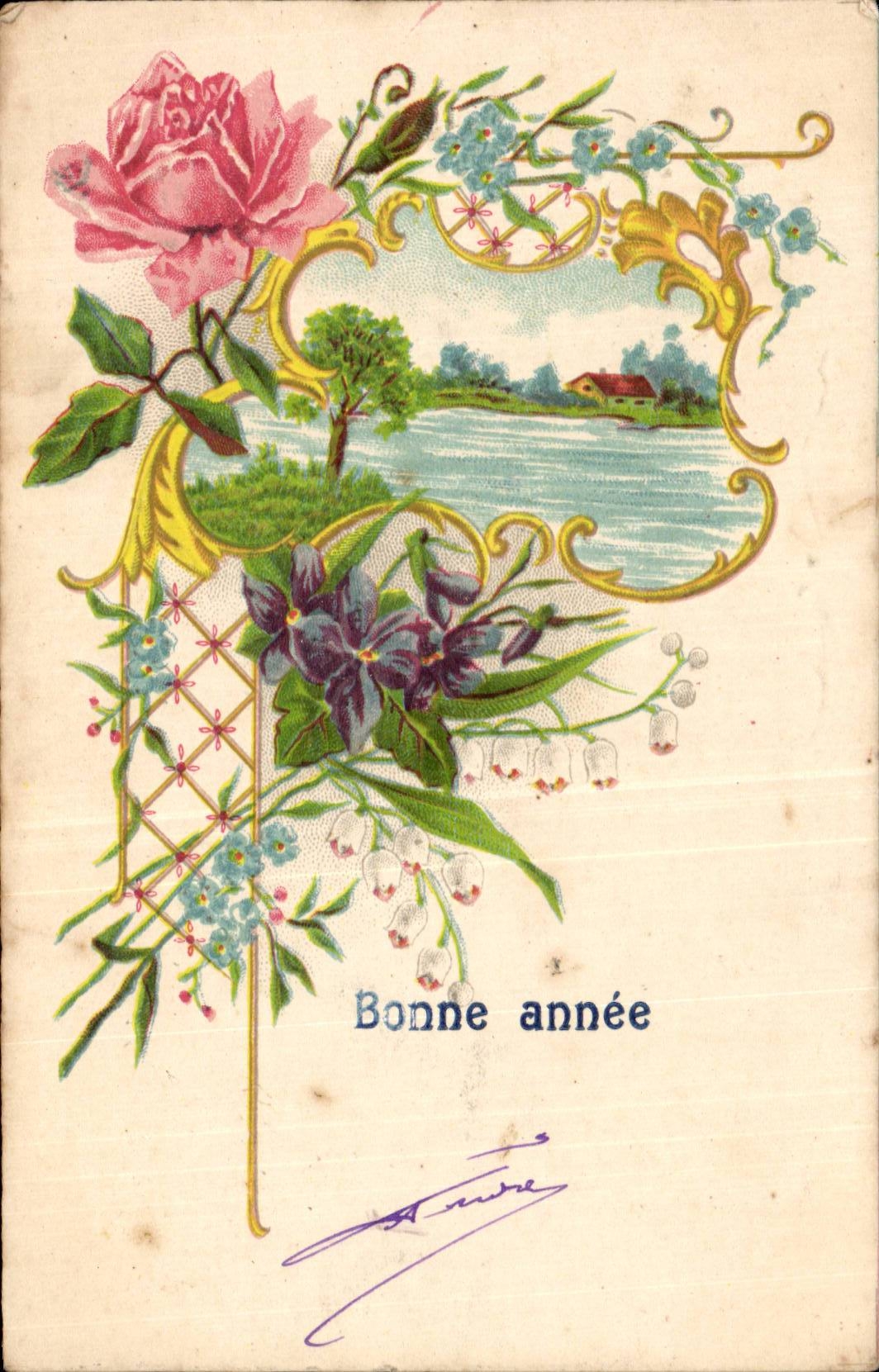 Blumen - Blumen - Rosen und Goldgitter - CPA