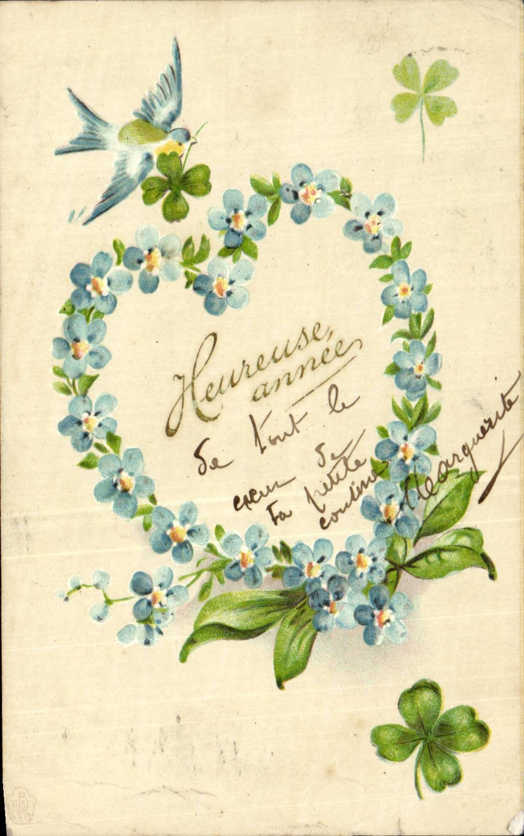 Fetes - Heureuse Annee - Happy New Year - Fleurs - Flowers - Oiseau - Bird - trefle - four leaf clover - CPA 