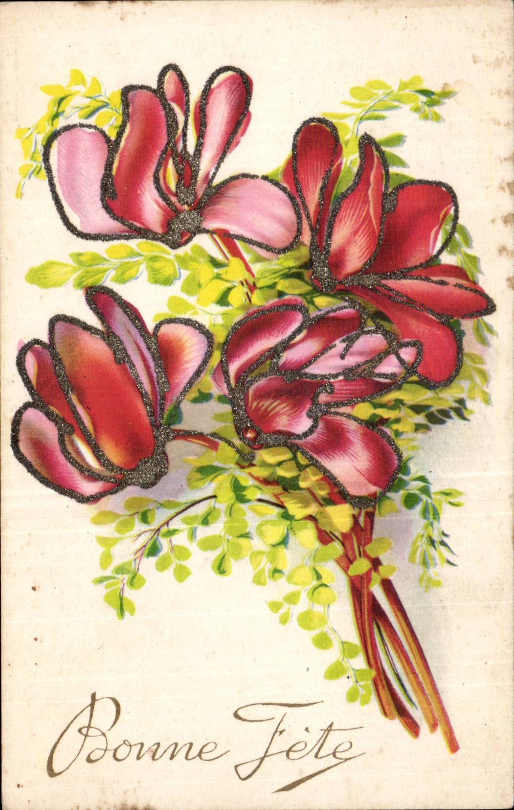 Fleurs - Flowers - Glittered outlined flowers - Bonne Fete - CPA