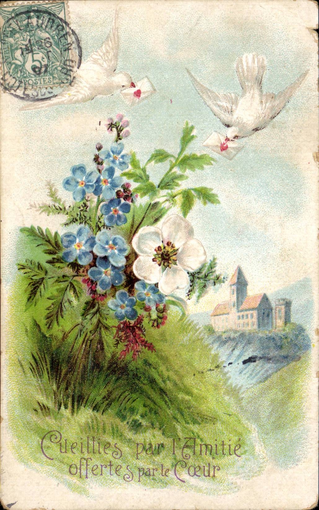 Blume - Blumen - Victorian - hubscher Blumenstrauss - Tauben - Vogel - CPA