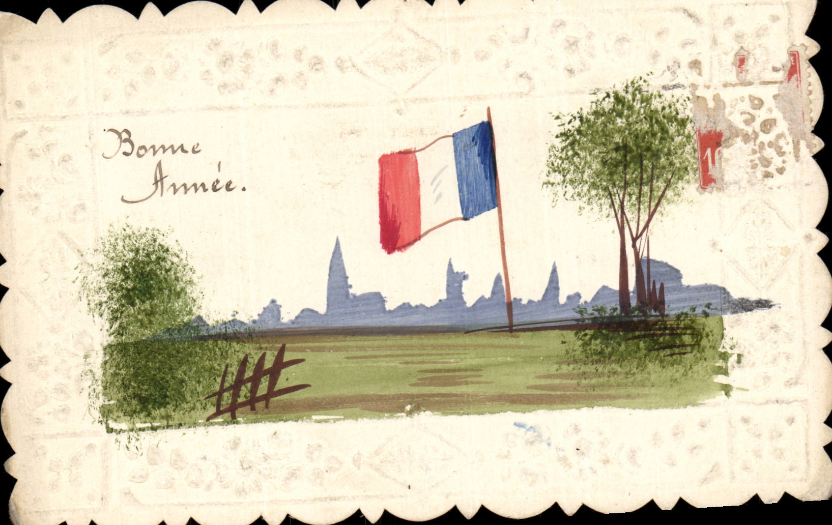 Festivals - Happy New Year - Flag - French flag - CPA handpainted paints with the hand