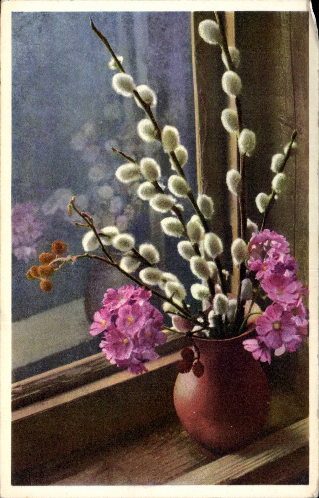 Blumen - Blumen - Vase weg von den pussywillows - CPA