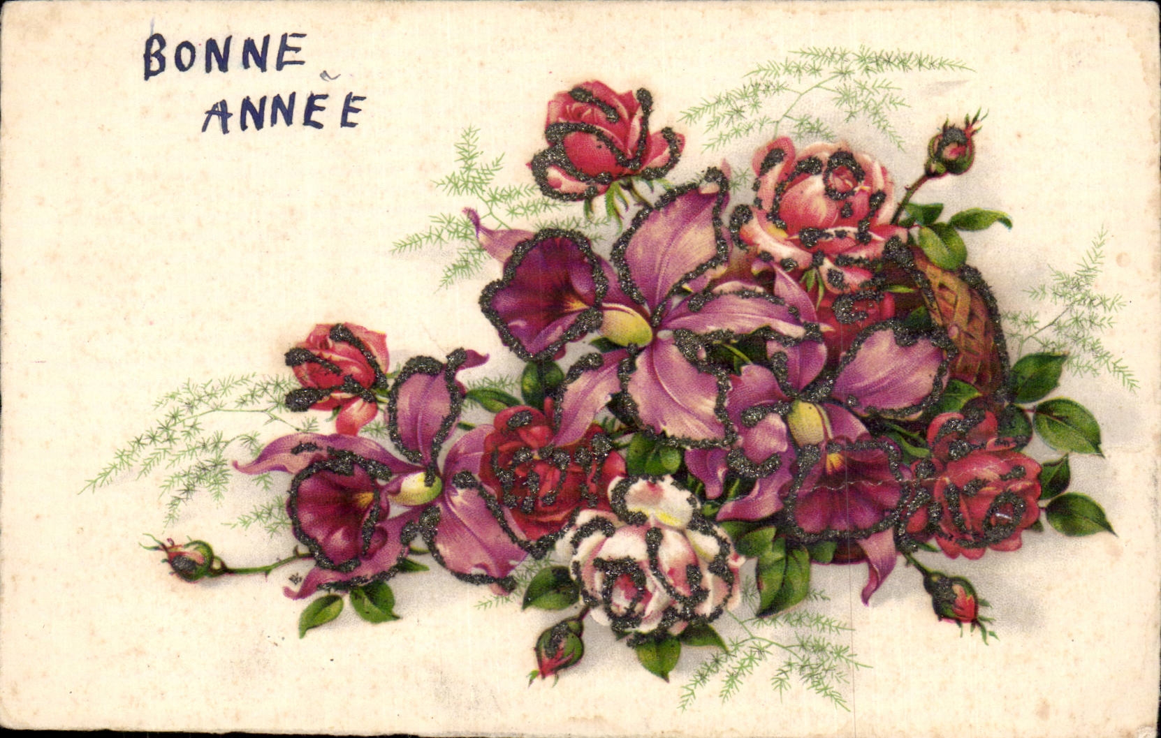 Blumen - Blumen - gluckliches neues Jahr - Funkeln zeichnete Rosa - CPA