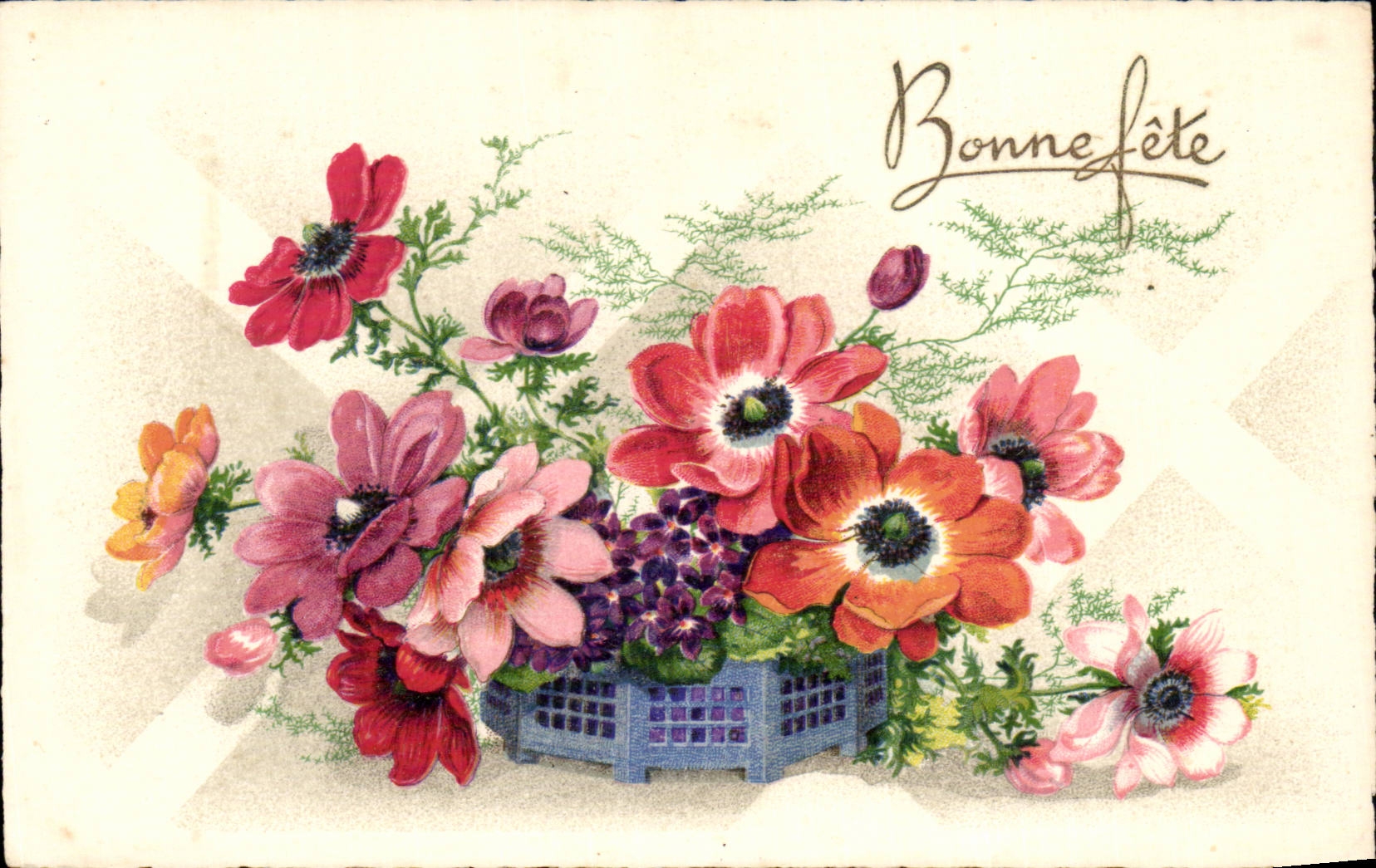 Blumen - Blumen - gutes Festival - bunte Blumen im blauen Gittertopf - CPA