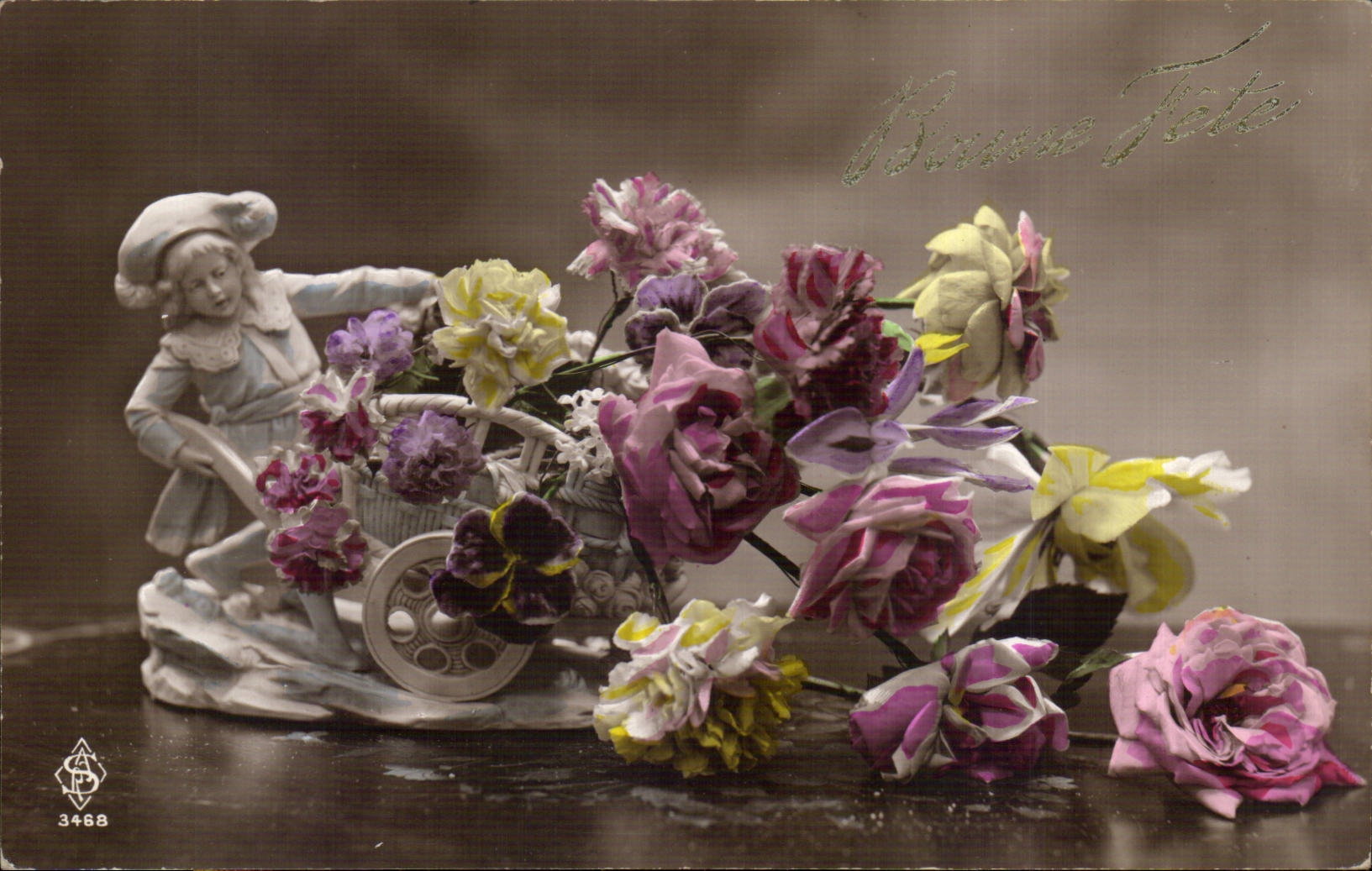 Bluht - Blumen - keramische Schubkarre mit Rosa - CPA