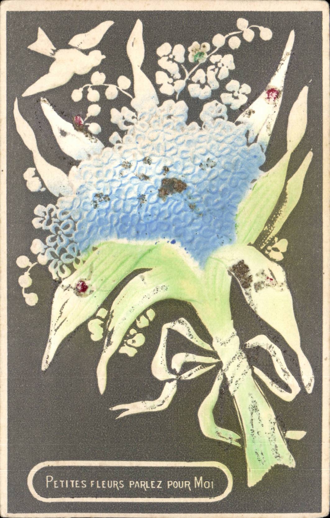 Bluht - Blumen - weissen victorian Blumenstrauss mit Vogeln - CPA