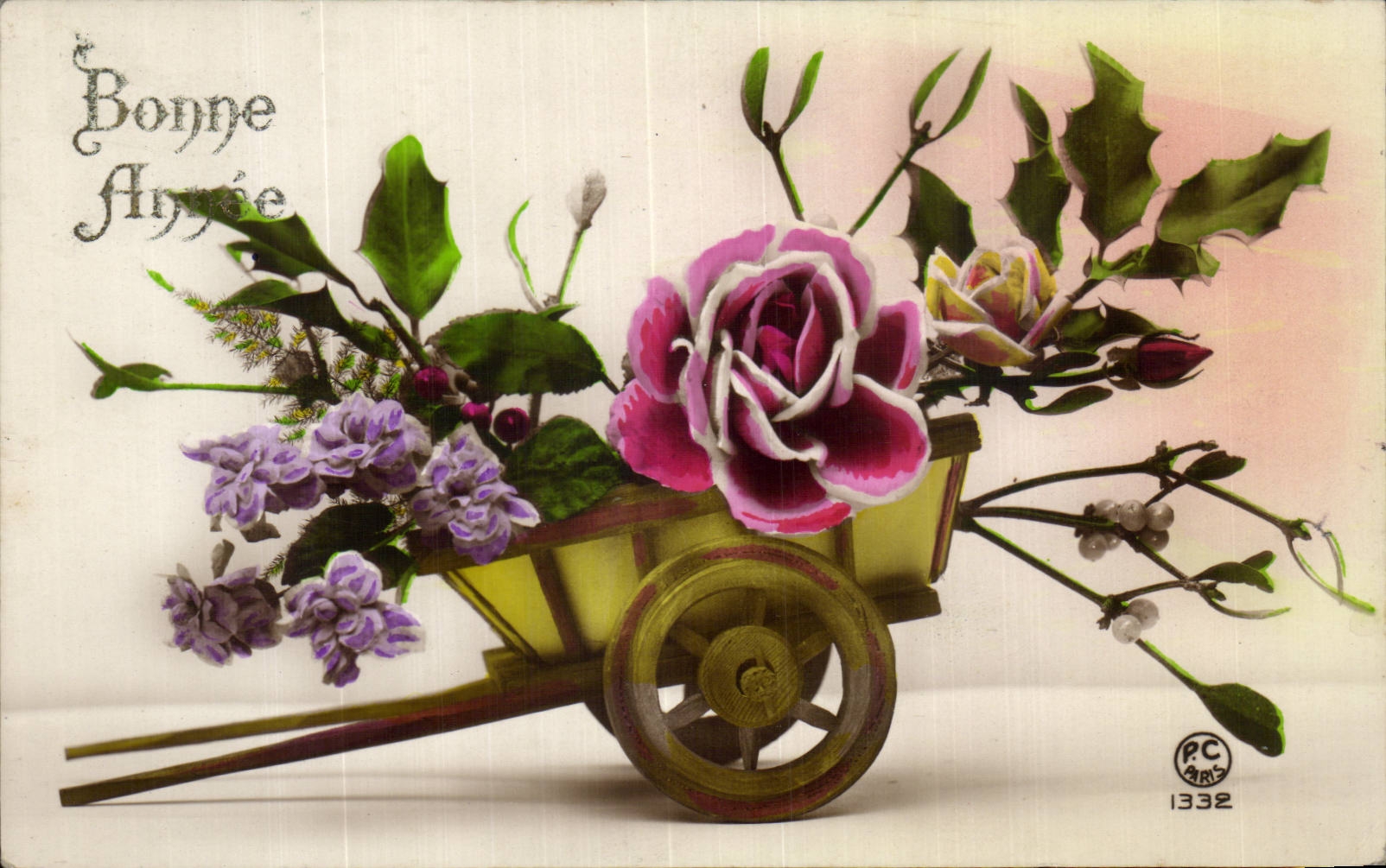 Fetes - Bonne Annee - houx - holly - wheelbarrow with roses - CPA 