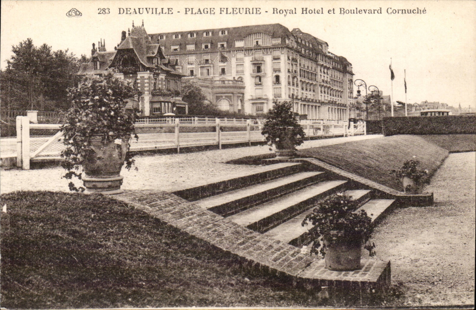 Deauville - gebluhter Strand - konigliches Hotel und Cornuche Prachtstrasse - CPA