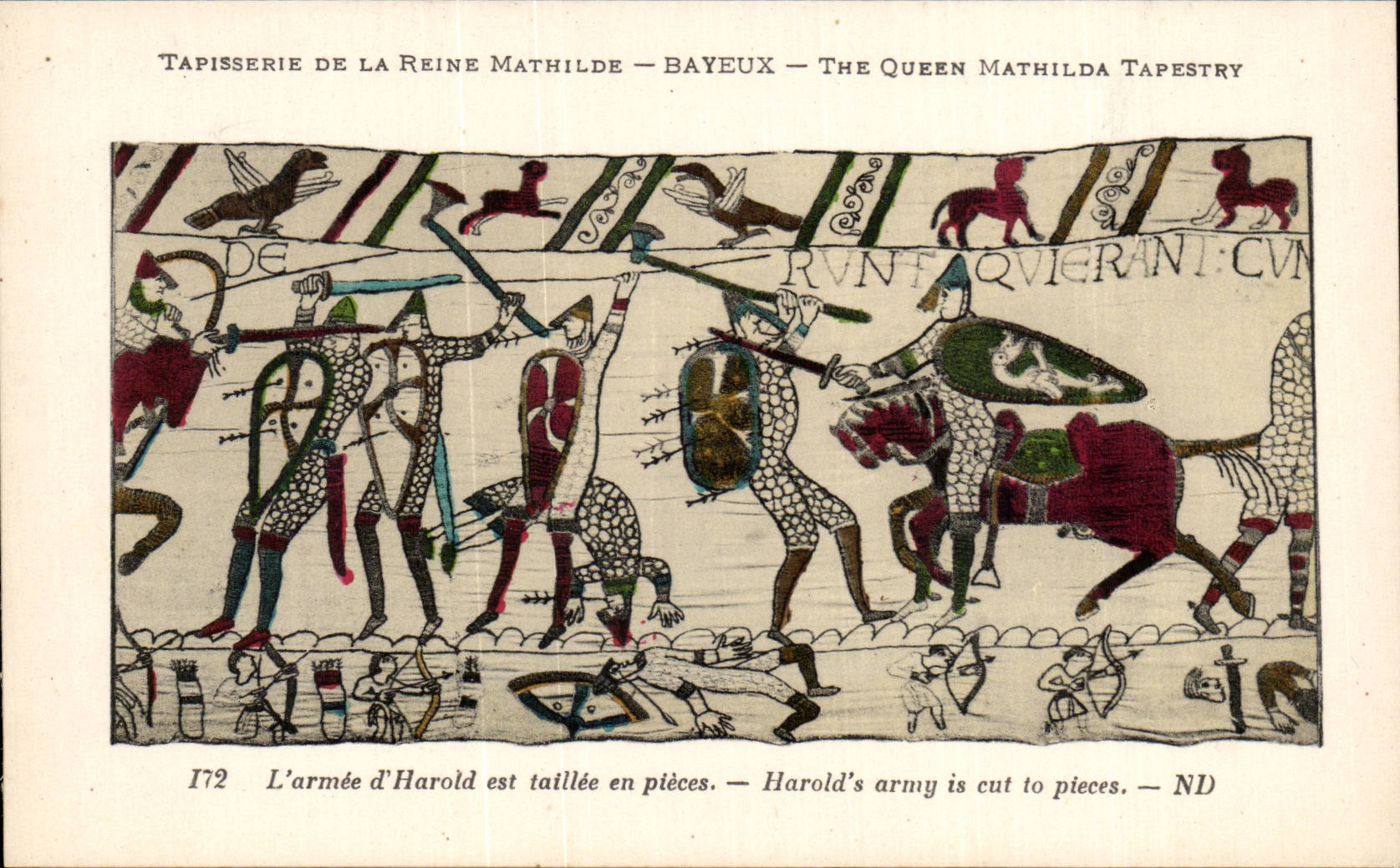 CPA Bayeux Tapisserie der Mathilde-Konigin die Armee von Harold ist taillee in den Teilen