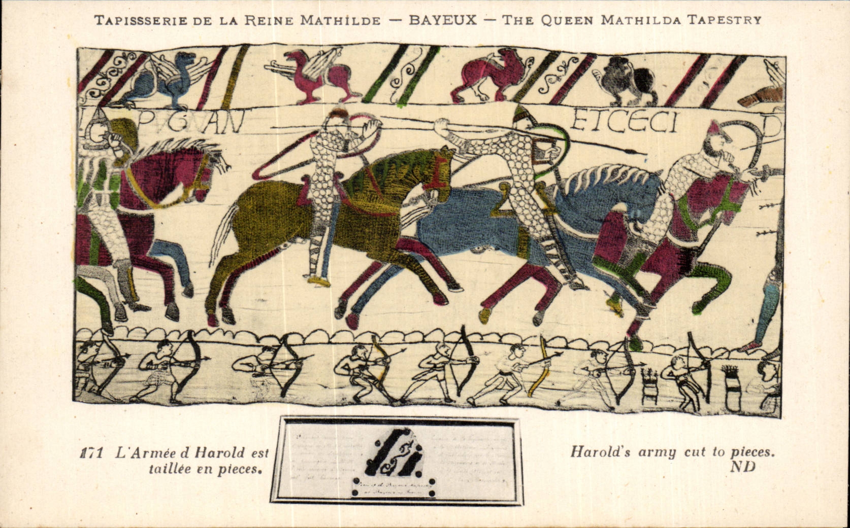 CPA Bayeux Tapisserie der Mathilde-Konigin die Armee von Harold ist taillee in den Teilen
