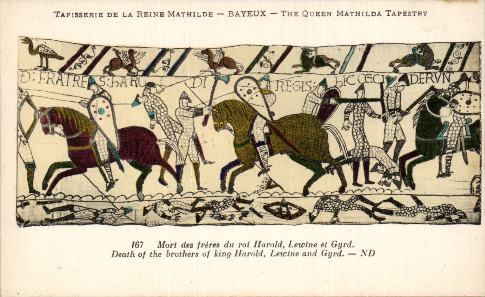 CPA Bayeux Tapisserie der Toter die Mathilde-Konigin der Bruder des Konigs Harold Lewine und Gyrd