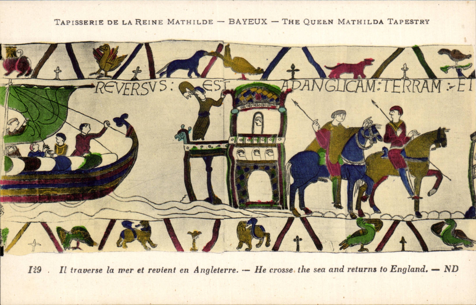CPA Bayeux Tapisserie of the queen Mathilde Harold crosses the sea and reTours to England
