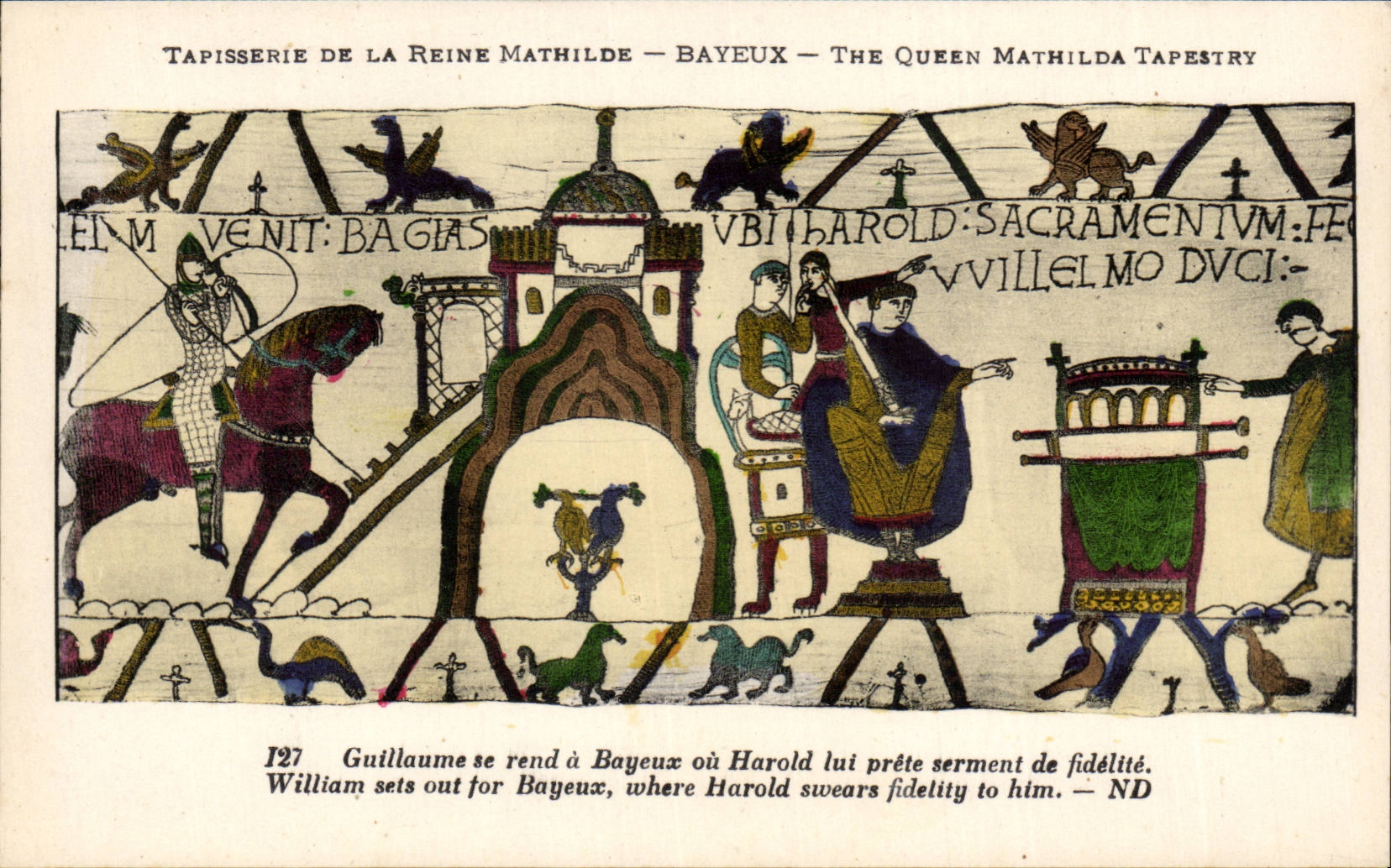 CPA Bayeux Tapisserie of the queen Mathilde Guillaume goes has Bayeux or Harold lends oath of fidelity to him