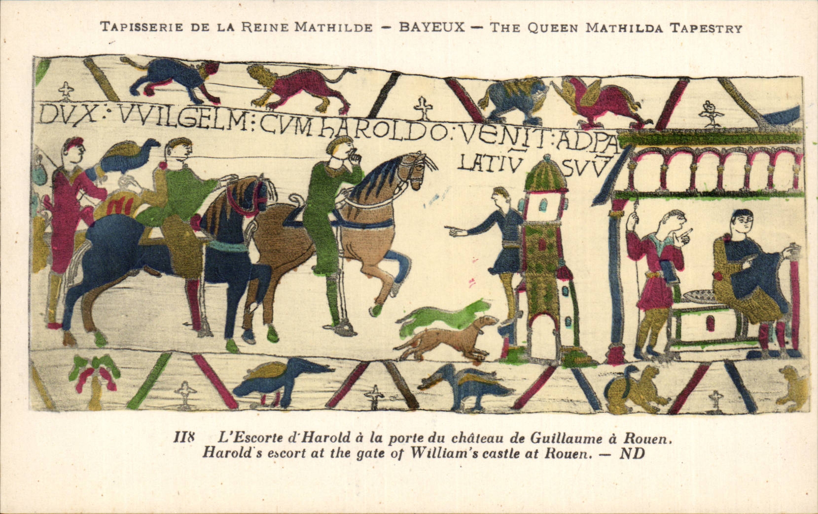 CPA Bayeux Tapisserie of the Mathilde Queen the escort of aHarold to the door of the castle of Guillaume has Rouen