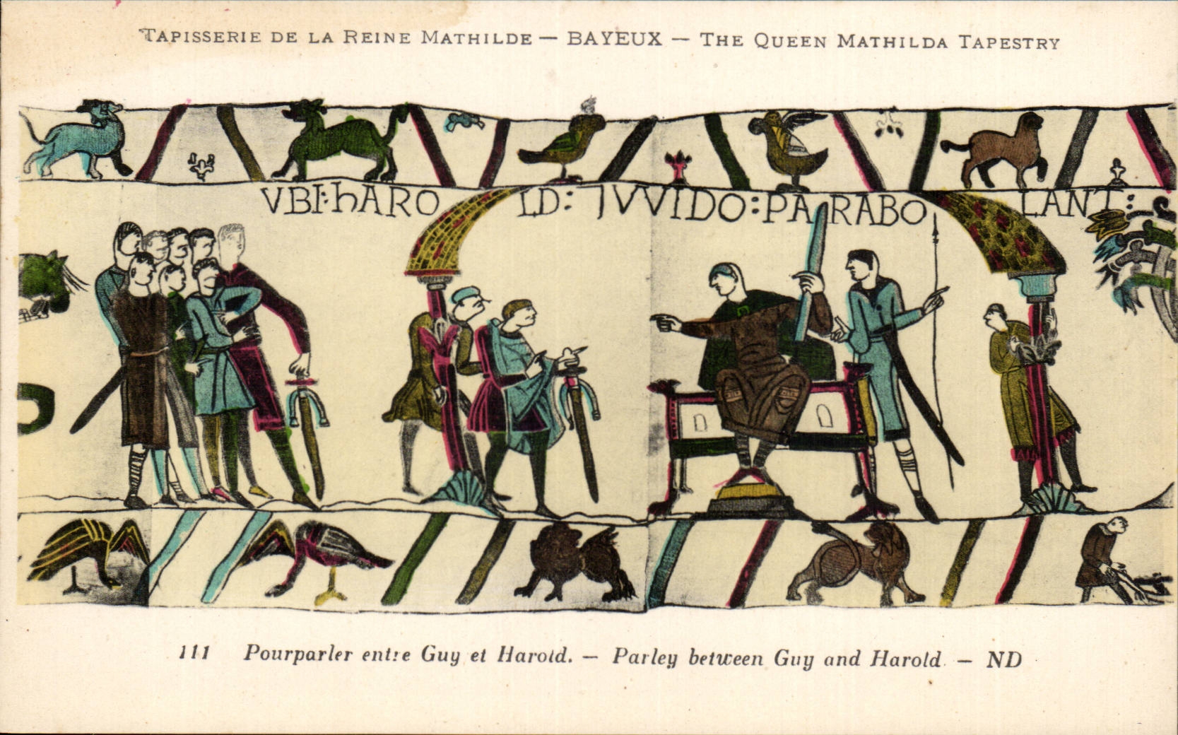 CPA Bayeux Tapestry of the Queen Talks between Guy and Harold
